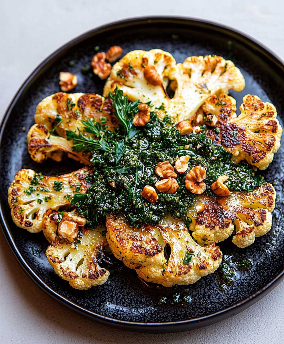 Steak chou fleur pesto noix