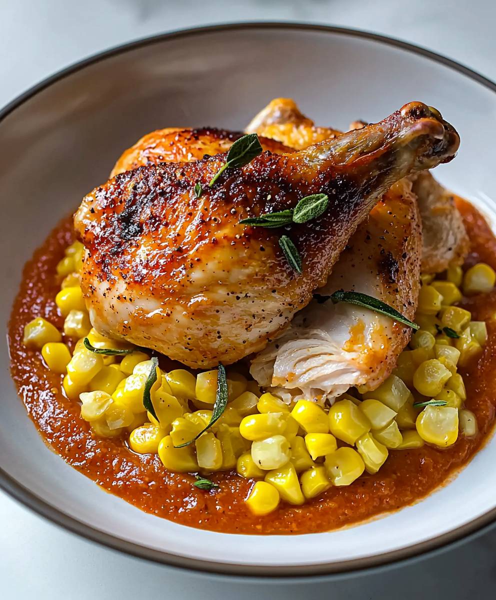 Poulet rôti romesco maïs crémeux